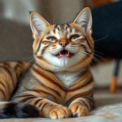 The primary subject of the image is a cat with a big smile on its face. The cat is sitting on a couch, which serves as the setting for the scene. The visual style of the image is a photo, capturing the cat's adorable expression. The colors in the image are predominantly orange and white, creating a warm and friendly atmosphere.
